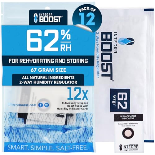 Integra Boost - 62% RH Level - 67 Gram Size - Two-Way Humidity Control Pack - Incl. Replacement Indicator Cards - Food Storage & Herbs Moisture Balancer For Up to 1 LB (Pack of 12)