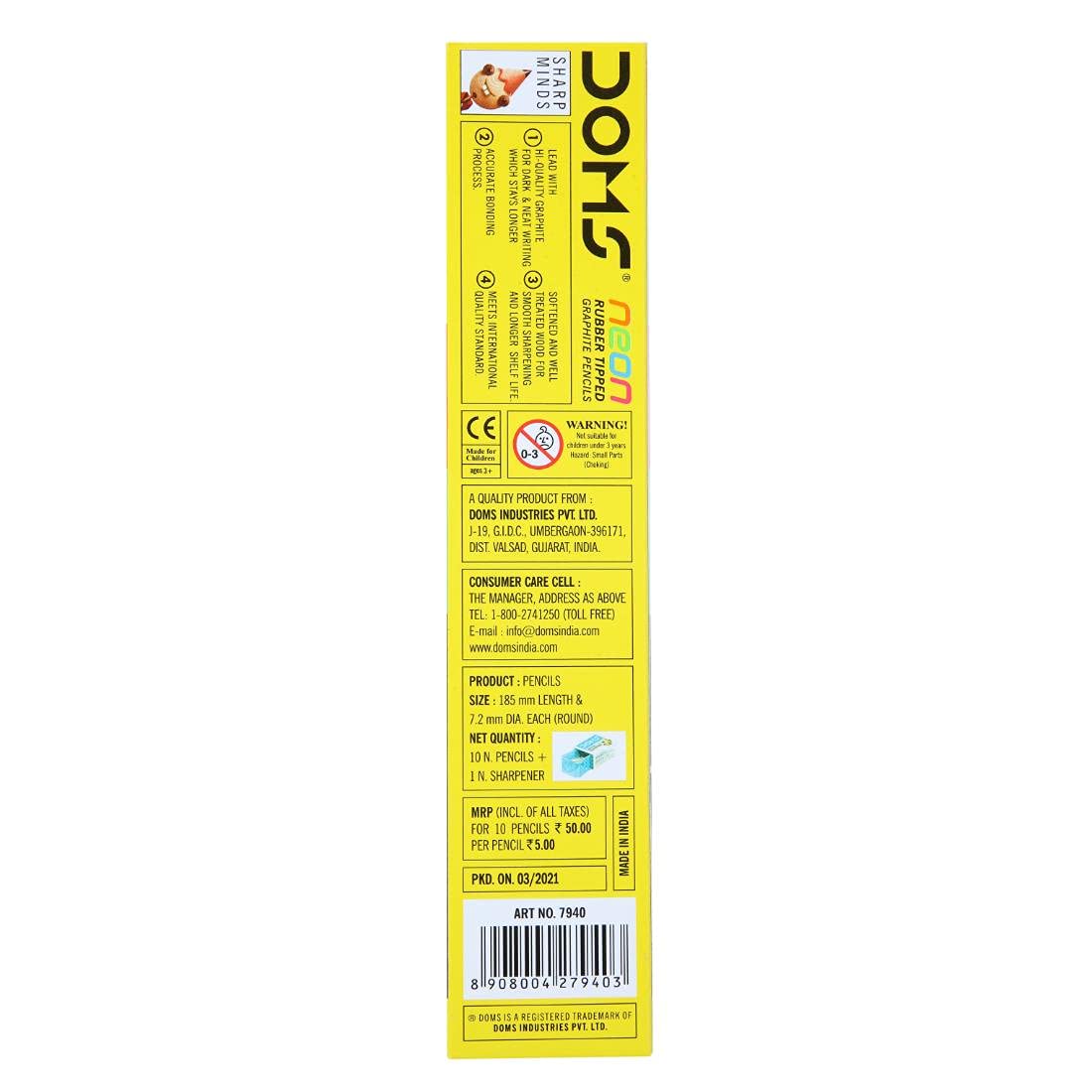 Doms Neon Rubber Tipped HB/2 Graphite Pencils Box Pack | Non-Toxic | Free Sharpner Inside The Box | Easy & Smooth Sharpening | Pack Of 50 Pencils - Image 7 thumbnail