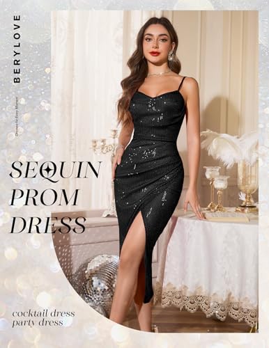 Image of BeryLove Summer Sequin Cocktail Prom Wedding Guest Dresses Sparkly Party Evening Formal Spaghetti Strap Dress