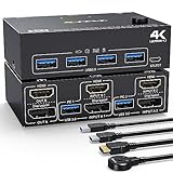💙【 DP HDMI KVM Switch mit 4 USB 3.0 Ports】DP HDMI 2 PC 2 Monitore KVM Switches mit zusätzlichem 4 USB 3.0-Anschluss zur gemeinsamen Nutzung von Maus, Tastatur, USB-Druckern, Scannern usw. Der USB 3.0-Anschluss hat auch eine Dateiübertragungsrate von 5Gbps. Einzigartiges Design sorgt für mehr Ordnung auf dem Schreibtisch, Schluss mit dem Kabelsalat.