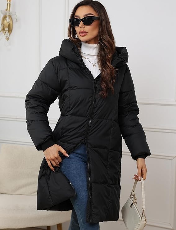Chaqueta Acolchada Larga con Capucha Mujer con Cremallera Invierno Engrosad Parka Abrigos Plumas Cálido Cortaviento