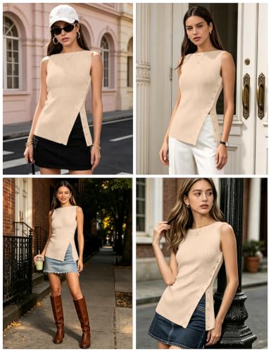 Image of OLAPTA Women Asymmetrical Button Down Side Split Sleeveless Tank Tops Boat Neck Slim Fit Summer Casual Side Button Knit Vest