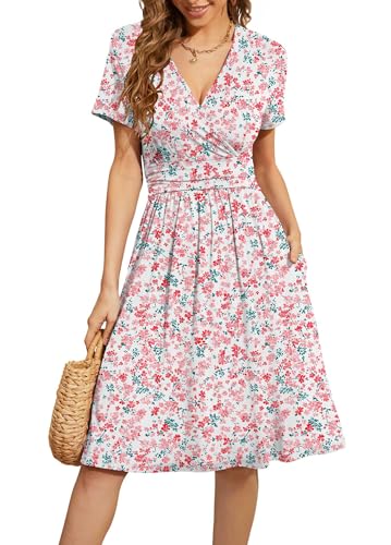 Image of WEACZZY Women's Summer Short Sleeve Casual Dresses V-Neck Floral Party Dress with Pockets