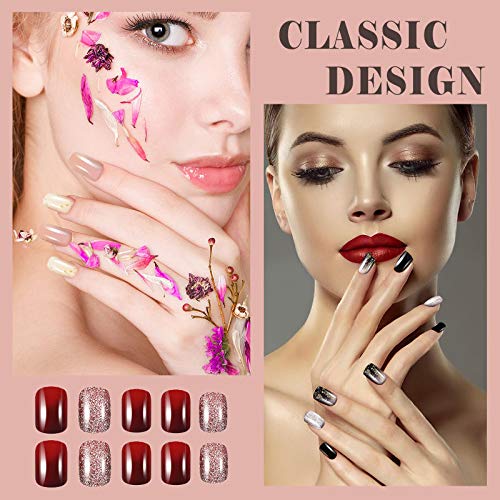 144 Pieces 6 Sets Short Square False Nails Colorful Press on Nails Short Full Cover Fake Fingernail Press on Glossy Artificial Nail Tips for Women and Girls Nail Art (Classic Pattern)