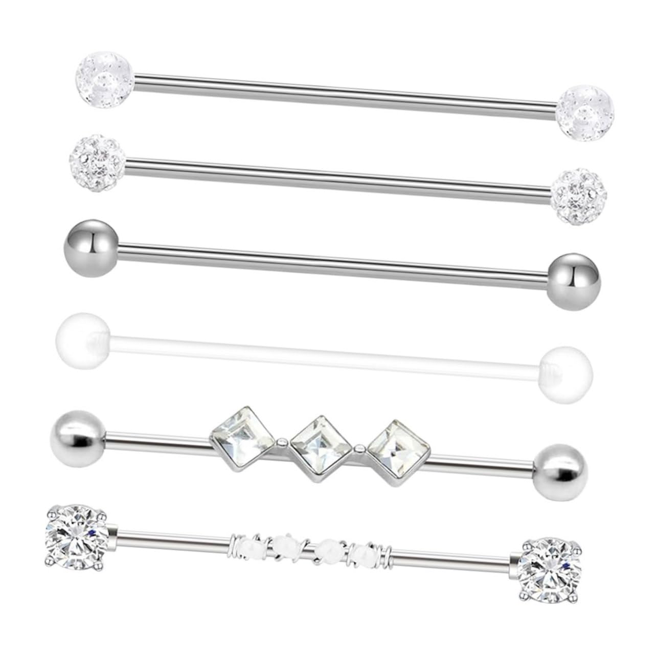 6pcs Long Post Stainless Steel Cartilage Earrings Ear Piercing Studs Jewelry for Women Sensitive Ears Daily Wear