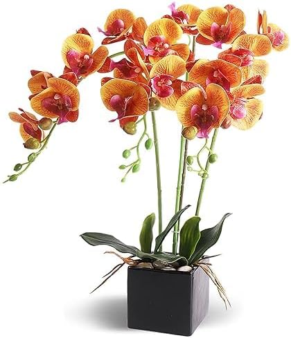 YOBANSA Bonsái artificial de orquídea de Phalaenopsis con florero, arreglos de flores de seda de orquídea falsa para decoración de mesa y oficina