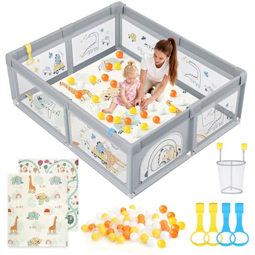 SOFTHOM Parque infantil con colchón, 180 x 200, parque infantil con red transpirable y base antideslizante, centro de actividades seguro y estable para niños con pelotas oceánicas, anillos de tracción