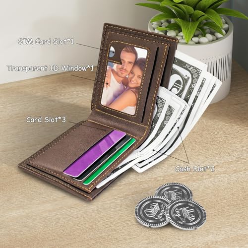Wallets for Men, Portable Business Card Holder, Simple Design Minimalist Wallet, Soft PU Leather Money Clip with ID Window, Slim Bifold Wallets with Multiple Card Slots (Brown)3