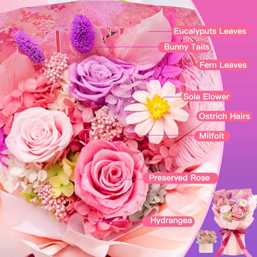Eslibin A-PINK Preserved Flowers Bouquet Pink Natural Real Roses thumb #3