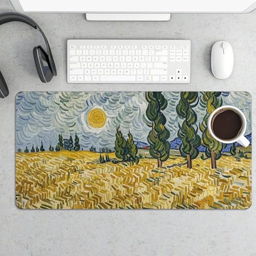 Desk Pad Protector 24x12 Inch Extended Wheat Fields and Cypress Trees Keyboard Mouse Mat