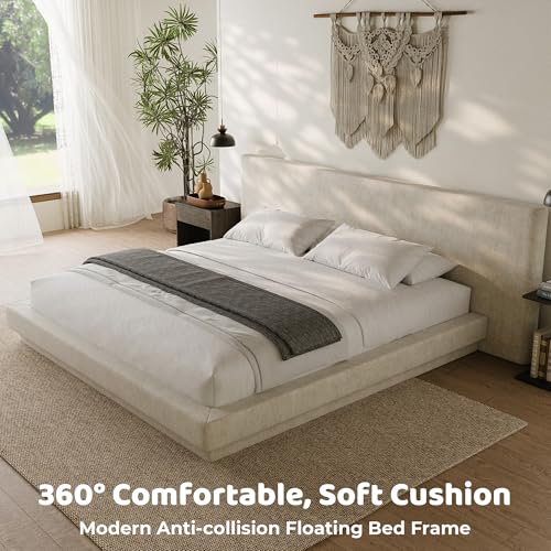 Image of RECCI AirFrame Cloud Upholstered Bed Frame with Extra Wide Headboard, 5 Inch Foam Fully Cushioned Platform, Easy Assembly, No Box Spring Needed (Beige, California King)