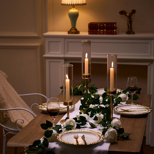 Gold Hurricane Candle Holders Set of 3, Tall Metal & Windproof Glass Taper Candle Holders, Brass Candlesticks Holder Decorations, Table Centerpieces for Weddings, Christmas, Parties, Fireplace Decor - Image 4