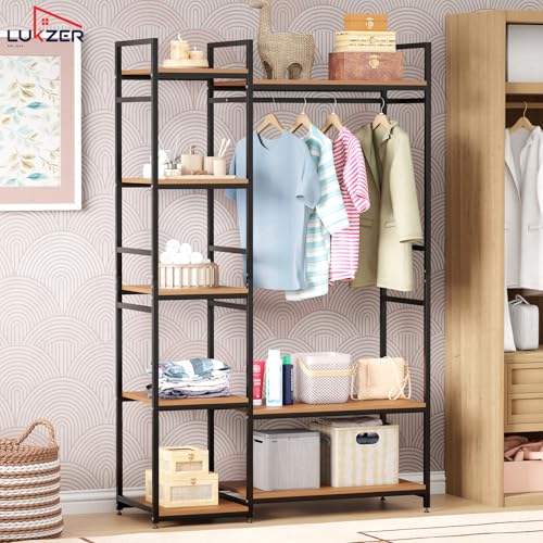 Image of Lukzer Heavy Duty Garment Rack with 8 Shelves & Hanging Rod | Free-Standing Modern Clothes Stand Metal & Engineered Wood Shoe Rack with Adjustable Foot Pads for Living Room - MMR-004 /Black & Oak Brown