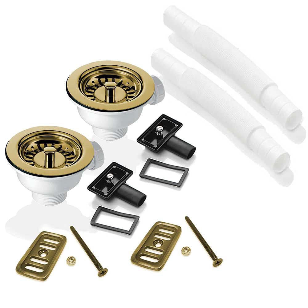 2X 90mm Gold Strainer Waste, 2X Overflow for Astini RAK Rangemaster Ceramic Sink