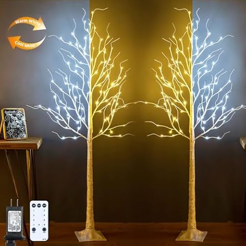 ZHOUDUIDUI Set of 2 Lighted Birch Trees, 6ft 96LED Birch Tree Lights,Artificial Twig Tree Light 9Modes Timer for Indoor Outdoor Christmas Halloween Easter Home Party Wedding Decor,Warm & Cool White Cover