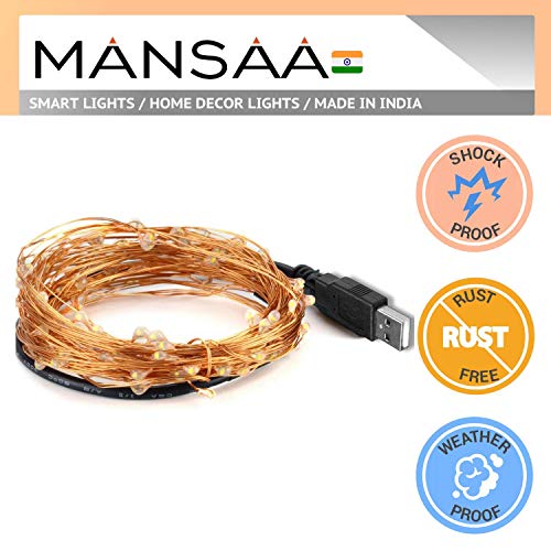 Image of MANSAA 100 LED Fairy String Lights 10 Meter Copper Wire, USB Powered Warm Yellow Lights for Bedroom, Diwali, Wedding, Party, Curtain, Balcony & Home Decoration Lighting (Pack of 10,18 Months Warranty)