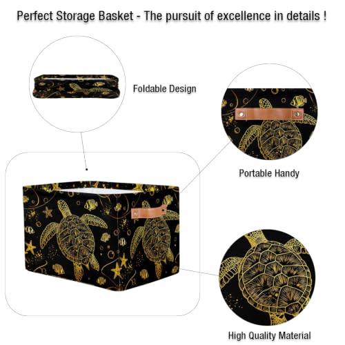 Image of Gold Sea Turtle Square Storage Basket, Starfish Tropical Fish Fabric Storage Bin with Leather Handles Collapsible Storage Bin Nursery Hamper for Organizing Toys, Clothes, Books, Gift Baskets