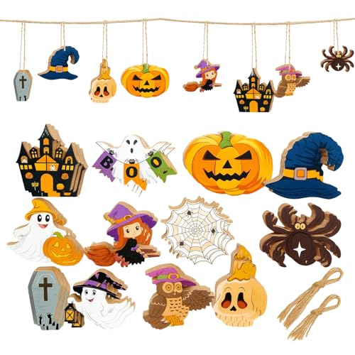 Halloween Crafts 36Pcs Wooden Halloween Hanging Ornaments with Rope Unfinished Wood Cutouts for Kids and Adults Halloweens Tree Decorations DIY Halloweens Arts and Crafts