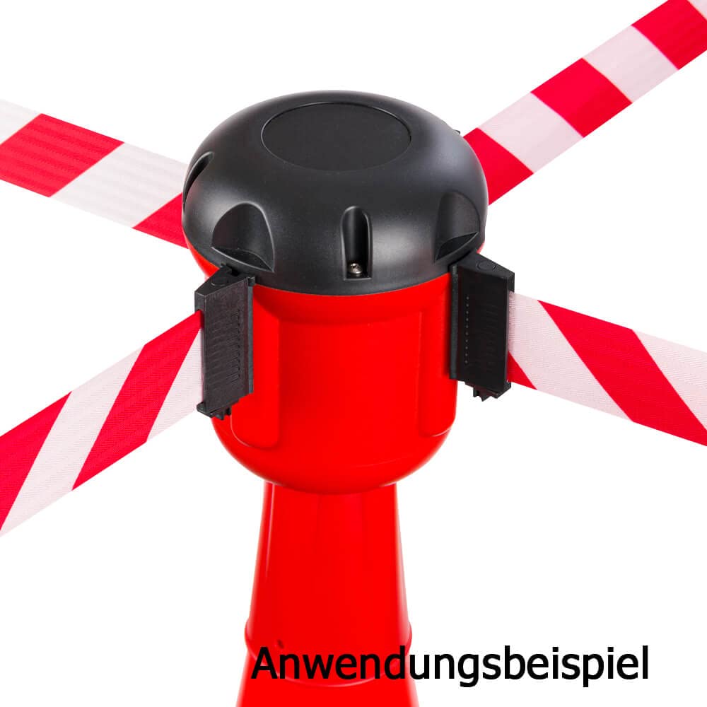 TopGurtSystem Leitkegelaufsatz mit Absperrband rot/weiß schraffiert, 10 m aus Kunststoff, Art.-Nr. 609302 | Gurtpfosten | Gurtständer | Personenleitsystem