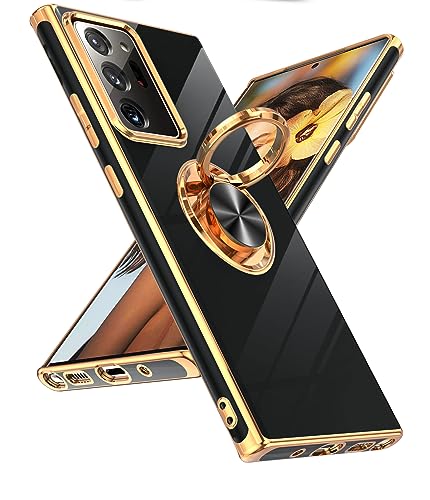 LeYi for Samsung Galaxy Note 20 Ultra Case: 360° Rotatable Ring Holder Magnetic Kickstand, Plating Rose Gold Edge for Samsung Galaxy Note 20 Ultra Case, Black