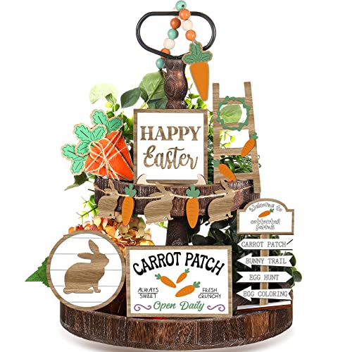 Jetec 12 Pcs Easter Tiered Tray Decor Wooden Carrot Patch Bunny Egg Tiered Tray Items Happy Easter Signs for Spring Home Farmhouse Rustic Kitchen Decorations (Wooden Bunny)