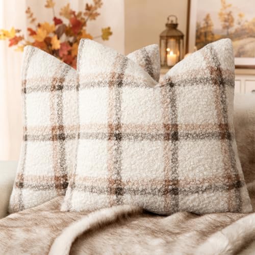 Image of Foindtower Pack of 2 Soft Faux Fur Boucle Throw Decorative Pillow Covers Fuzzy Accent Check Cushion Sherpa Boho Farmhouse Pillowcase for Couch Sofa Bed Living Room Home Decor 18x18 Inch,Natural Beige