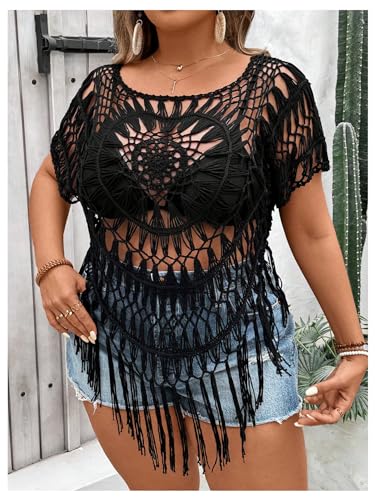 SOLY HUX Women's Plus Size Hollow Out Fringe Hem T Shirts Short Sleeve Knitted Crochet Tops4