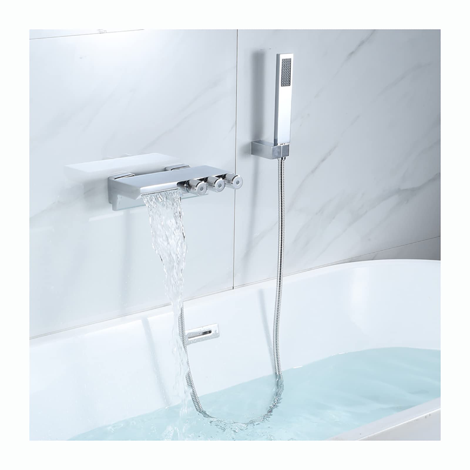 GLJTUO Bathtub Faucet Waterfall with Handheld Shower, Tub Faucet Wall Mounted Tub Tap Brass Tub Filler Faucet 3 Handles Filler Mixer Tap with 1.5M Shower Hose,Chrome,Chrome