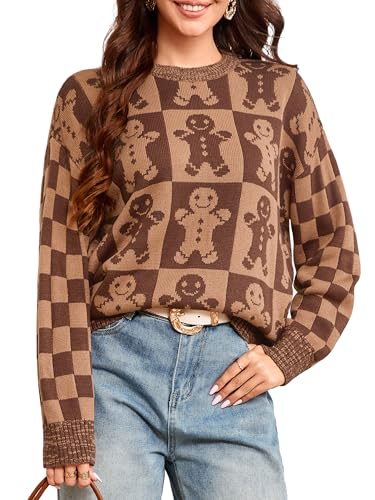 Simplee Womens Christmas Ugly Sweater Long Sleeve Holiday Soft Knit Cute Gingerbread ManWarm Crewneck Pullover 2025 Trendy(Large Brown Gingerbread Man)