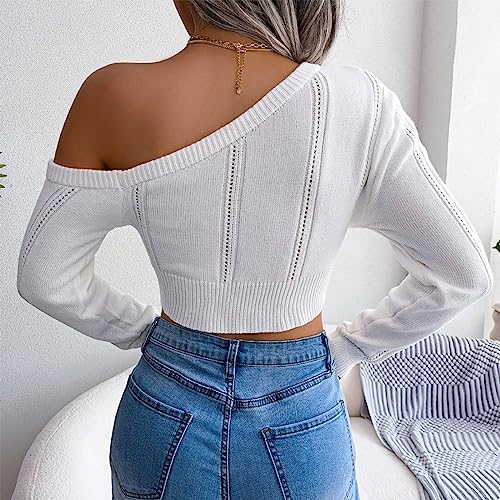 Women's Crop Cable Knit Sweater Teen Girls Cute Sweater Long Sleeve Off Shoulder Short Aesthetic Sweater Tight Jumper4