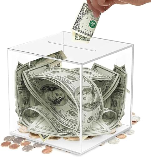Clear Money Box Acrylic Clear Piggy Bank Unopenable Savings Box Break to Open Square Money Saving Boxes Large Money Tin Transparent Saving Pot for Kids Adult Coins Cash Change Storage