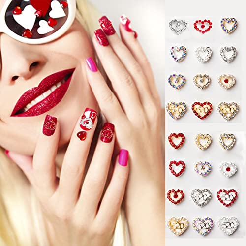 24 Pcs Heart Nail Charms For 3D Nail Heart Nail Art Crystal Diamonds Rhinestone Red Gold Silver Alloy Love Heart Pearls Nail Gems Decorations For Women Girls Valentine's Day Nail Craft Accessories #TOP1