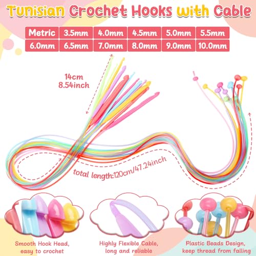 Image of Aeelike Tunisian Crochet Hooks Set with Cable, 11PCS Tunisian Crochet Hook 2-8 mm Aluminum 12 PCS Colorful Afghan Crochet Hooks 3.5-12 mm, Smooth Long Tunisian Crochet Hook with Cable for Beginner