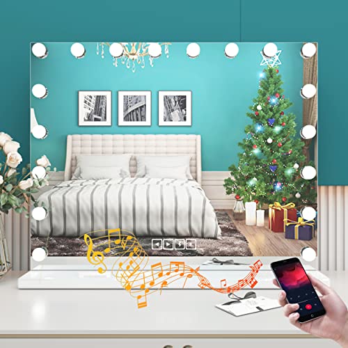 Manocorro Vanity Mirror With Bluetooth Speaker And Lights, Hollywood Makeup Mirror, Large Vanity Lighted Mirror With 18 Led Bulbs, 3 Color Modes, Usb Port, Tabletop Or Wall-Mounted, 31.5X22.8 Inch #TOP8