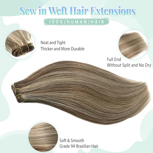Image of Sew in Hair Extensions Real Human Hair, 120g 24 Inch Weft Hair Extensions Remy Real Human Hair Ash Brown Balayage Ash Blonde Highlights Human Hair Weave Bundles Full Head Straight Hair Wefts