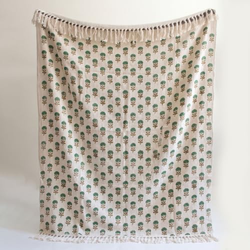 Image of Jute Cotton Hand Block Printed Sofa Throw 50 x 70 Inch or 127 x 177.8 Centimeters, Handmade Coverlet for Sofa, Couch & Living Room, Decorative Home Furnishing (Green Buti, Pack of 1)