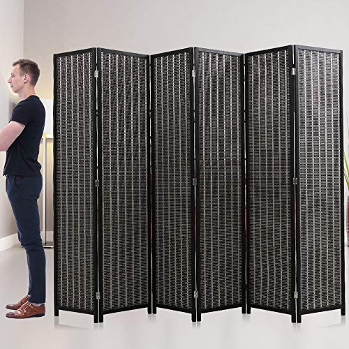 Image of Room Divider Privacy Screen Folding 6 Panel 72 Inches High Portable Room Seperating Divider, Handwork Bamboo Mesh Woven Design Room Divider Wall, Room Partitions and Dividers Freestanding, Black