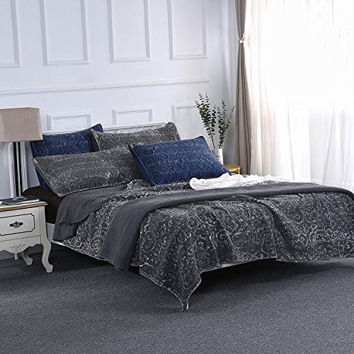 Kasentex Ultra Soft Stone-Washed Quilt Set 100% Cotton Contemporary Stitched Floral Design Bedspread Lightweight Comforter Coverlet Bedding W/Pillow Cover Shams, Queen Size, Charcoal Grey #TOP3