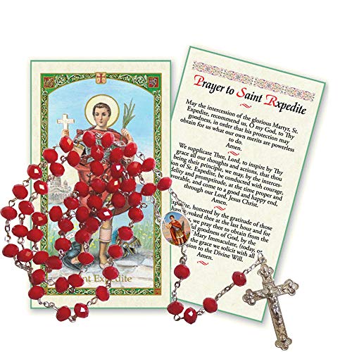 Saint Expedite San Expedito Garnet Faceted Opaque Round 8mm Beads Rosary with Silver Plated Medal Centerpiece and Tertium Millenium Crucifix Includes a Prayer Card2