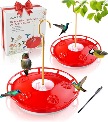 eWonLife Hummingbird Feeder for Outdoors, 2 Pack, Leak-Proof, Easy to Clean and Refill, Saucer Humming Bird Feeder Plastic, Including Hanging Hook, with 5 Feeding Ports (16 Ounce/Pack)