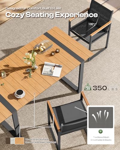 Image of Outdoor Dining Set, Patio Table and Chairs Set, 7 Piece HDPS + Aluminum Patio Furniture Set with Umbrella Hole, Patio Dining Table Set (Gray-Teak)