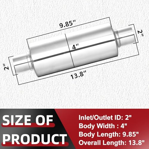 Image of LCGP 2 inch Inlet Universal Resonator Muffler, 2 inch Outlet 13.77 inch Overall Length Stainless Steel High Performance Muffler, Polished, Pass-Thru Design 2pack