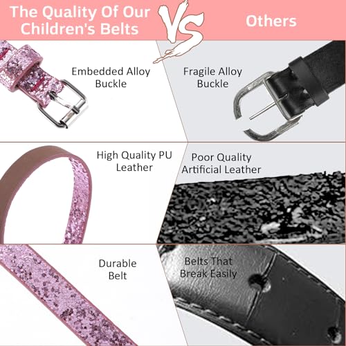 2 Pack Thin Belt for Girls, Girl's Glitter Belt Cute Shiny PU Leather Belt Adjustable Waist Belt for Jeans Dress3
