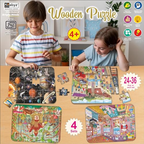 Image of ABYZ Wooden Jigsaw Railway Station,The Beach House, Sleepy Time, Space Puzzles 120pcs for Kids of Age 3-5 Years, Set of 4