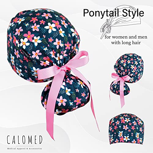 Image of Scrub Cap for Women and Men, Ponytail Scrub Caps, Working Hat, Head Cover with Ribbon Ties and Buttons, Long Hair