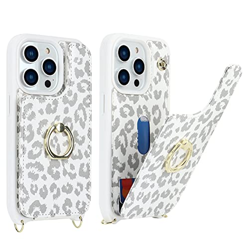 Image of for iPhone 14 Pro Case with Card Holder for Women,Phone Case with Strap,Crossbody Lanyard,RFID Blocking,Ring Stand,Snap Clasp,Cute Wallet Case 6.1 inch(White Leopard)
