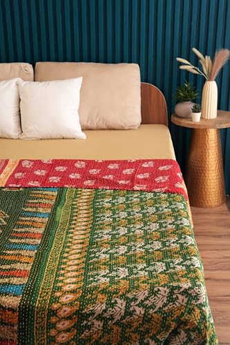 Handmade Cotton Vintage Kantha Quilt Boho Reversible one-of-a-Kind Kantha Throw Bedspread (Queen 108