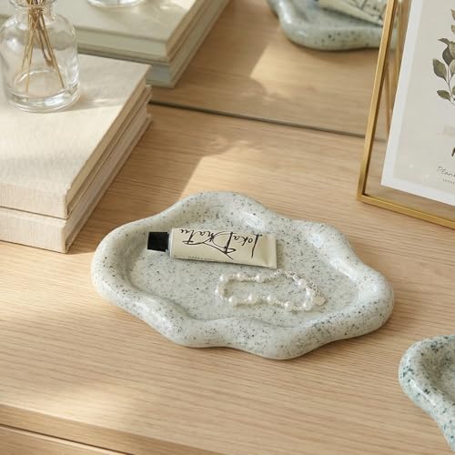 Image of Jewelry Dish Trinket Tray for Women, Ring Dish Holder, Unique Cloud Shape Ceramic Plate Cute Things Vanity Aesthetic Room Decor Mother's Day Birthday Gifts (Marble Green)