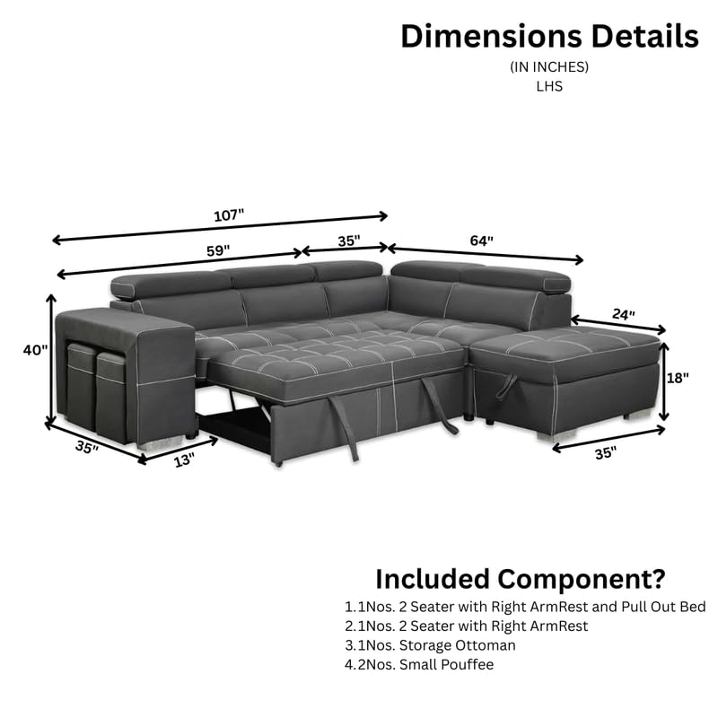 Image of Homax. - Rumi1L-Shaped Sectional Sleeper Sofa Couch in 5 piece with Pull-Out Bed, Storage Ottoman & Adjustable Headrests, Leatherette upholstered, Left-Facing Chaise, Beige