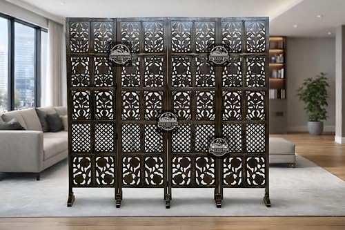 Image of Wooden Room Divider Screen, Carved,Decorative Handcrafted Privacy Screen Separator Wall Divider | Folding Partition with Floral & Jaali Design (Brown, 4-Panel)